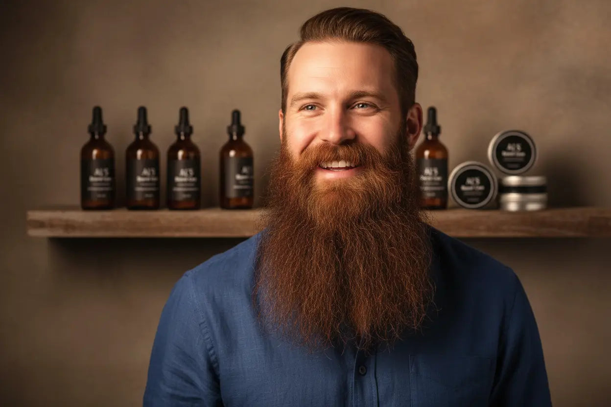 Man with a beard standing in front of shelves with skincare products.
