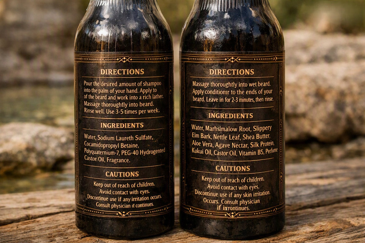 Two dark glass beard care bottles standing upright on a wooden surface outdoors, showing the back labels with directions, ingredients, and cautions printed in light text.
