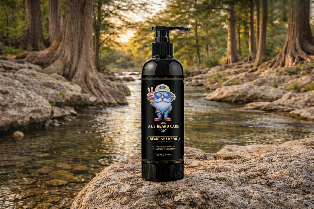 A black pump bottle of beard shampoo stands on a large rock beside a flowing stream in a forest setting. The bottle label shows a cartoon character and the text 'AL'S BEARD CARE' and 'BEARD SHAMPOO'.