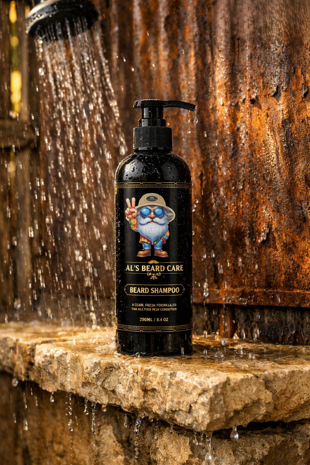 A 250ml bottle of ALS BEARD CARE BEARD SHAMPOO stands on a stone ledge under running water, with a rustic wooden background.